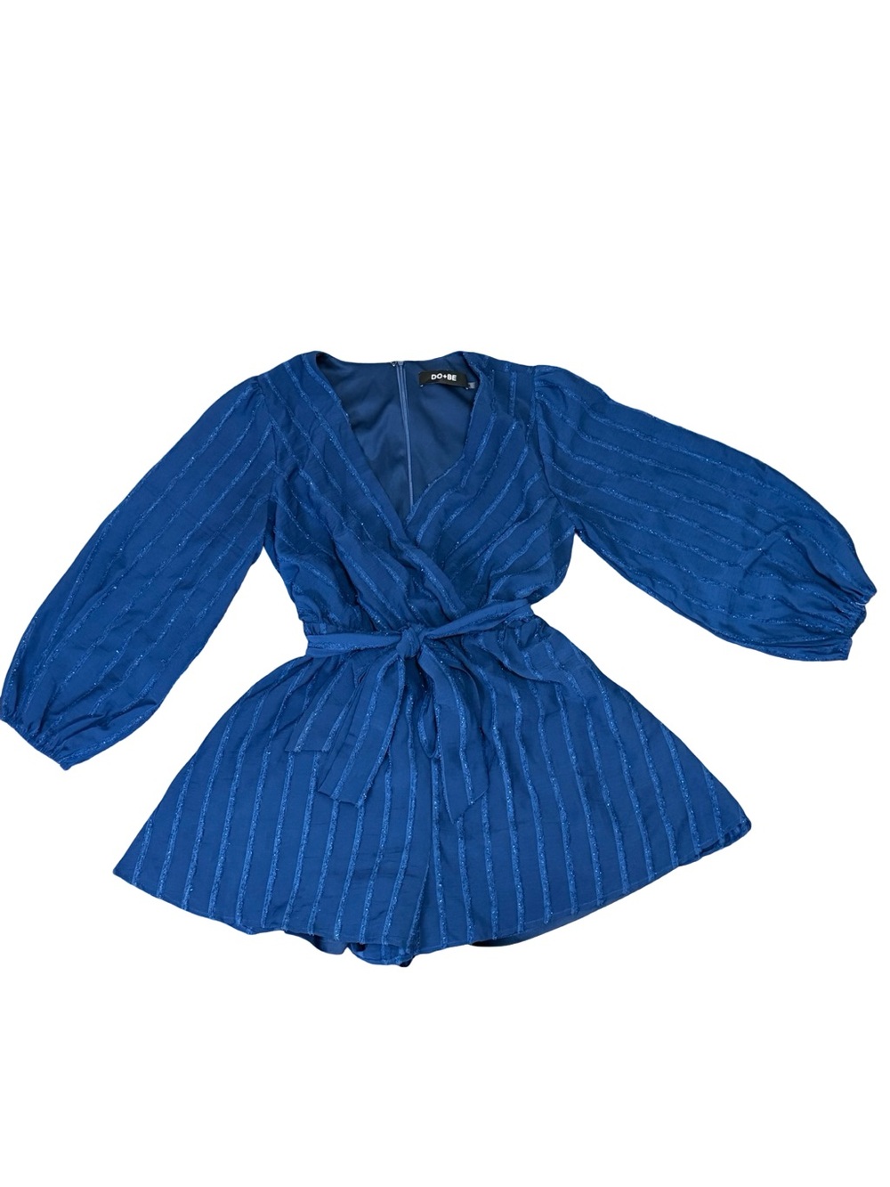 💙 DO+BE Navy Metallic‎ Stripe Romper Balloon Sleeve Size Small Surplice V-Neck
